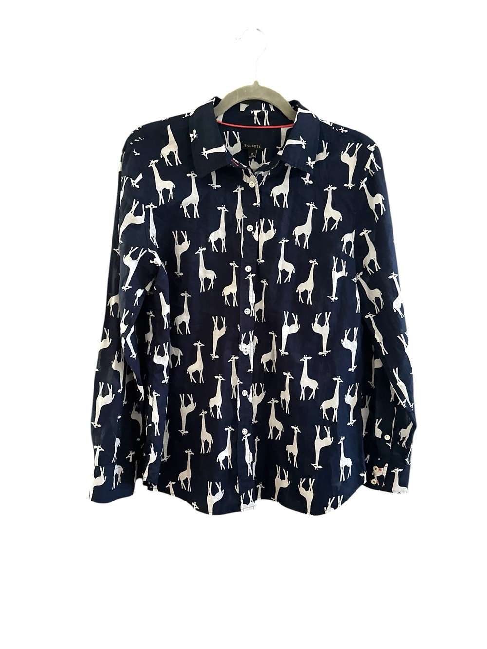 Talbots Navy Giraffe Print Button Down Shirt Women’s M NWOT